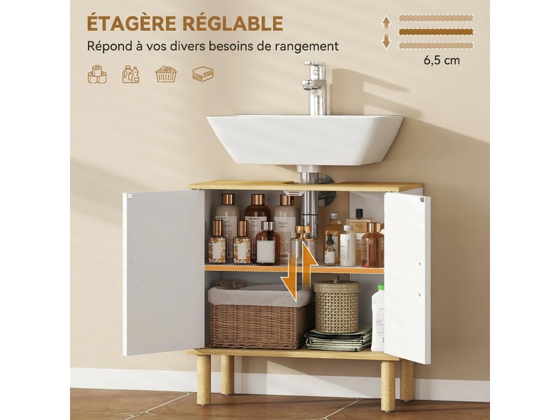  Meuble sous lavabo, meuble de salle de bain avec 2 portes et étagère réglable, 60 x 30 x 61 cm, blanc  - Conforama R