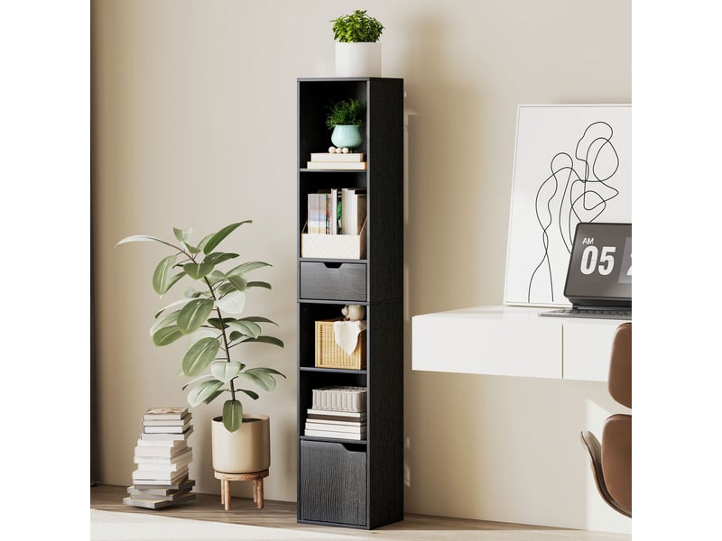  Bibliothèque, étagère à livres, meuble de rangement avec tiroir placard compartiments ouvertes, 30 x 24 x 158 cm, noir  - Conforama C