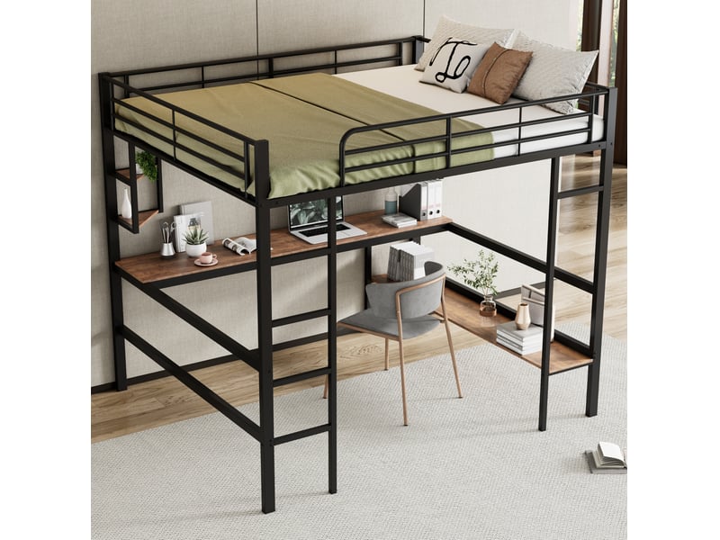  Lit mezzanine 140x200 cm avec bureau et bibliothèque métal et mdf noir sans matelas  - Conforama D