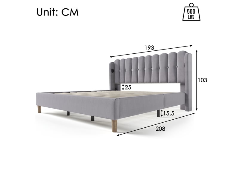  Lit 180x200 cm gris – tête capitonnée, ports usb-c, sommier à lattes, design moderne  - Conforama C