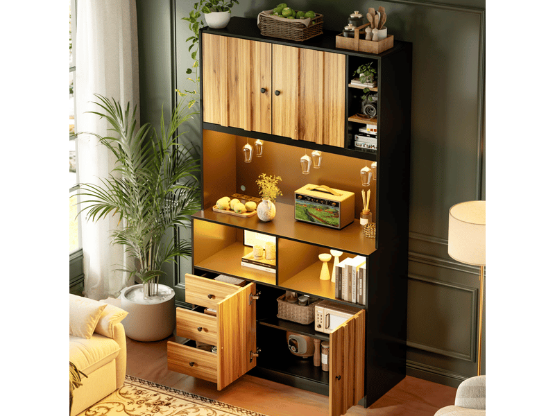  Buffet de cuisine en mdf 100x40x180 cm, 3 porte-verres, range-bouteilles, led et prises usb pour séjour et salle à manger  - Conforama E