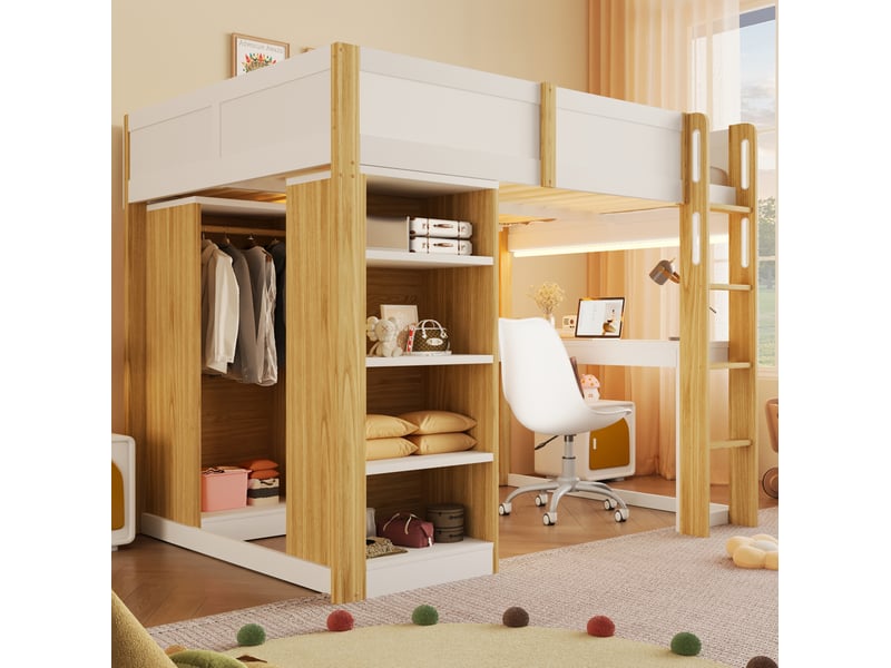 Lit mezzanine 140x200 cm, bureau en l, armoire ouverte, rangements, pin et mdf, blanc et bois naturel, sans matelas - Conforama D