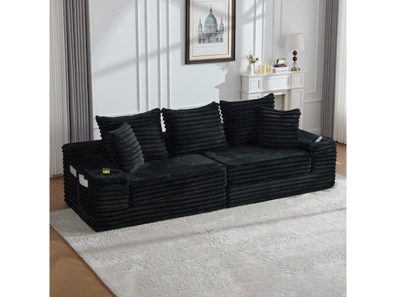  Canapé 273x98x87 cm convertible et modulable, à assise compressible, en velours côtelé noir  - Conforama B