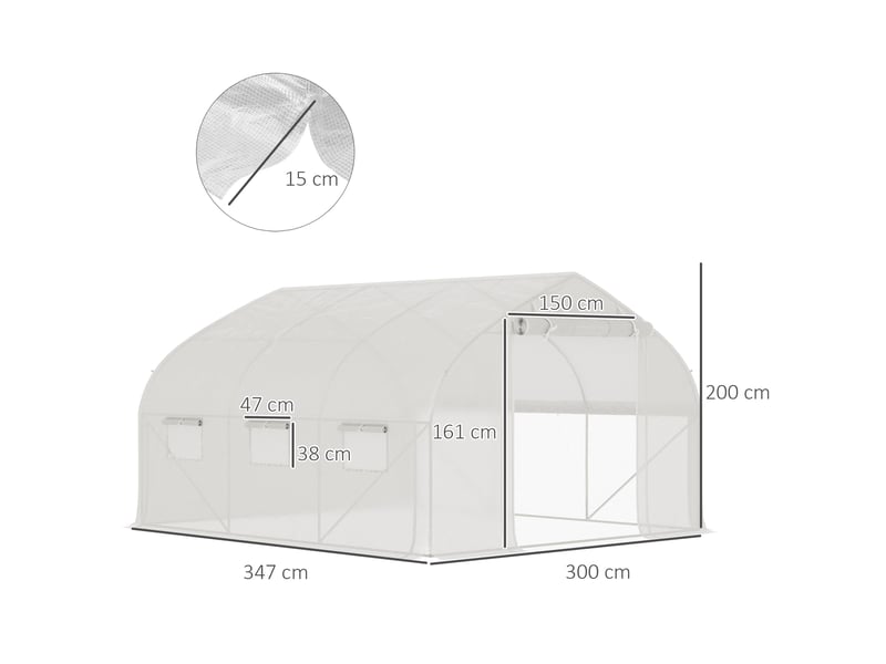  Serre de jardin tunnel 10,4 m² serre de jardin anti-uv porte zippée enroulable fenêtres maille 350 x 300 x 200 cm blanc  - Conforama E