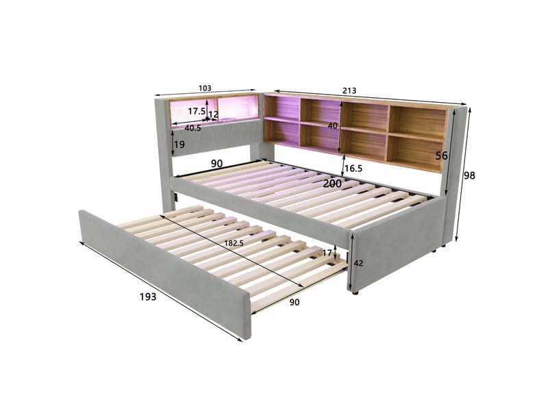 Lit gigogne 90x200 cm avec led, usb et type-c, flanelle gris clair - Conforama E
