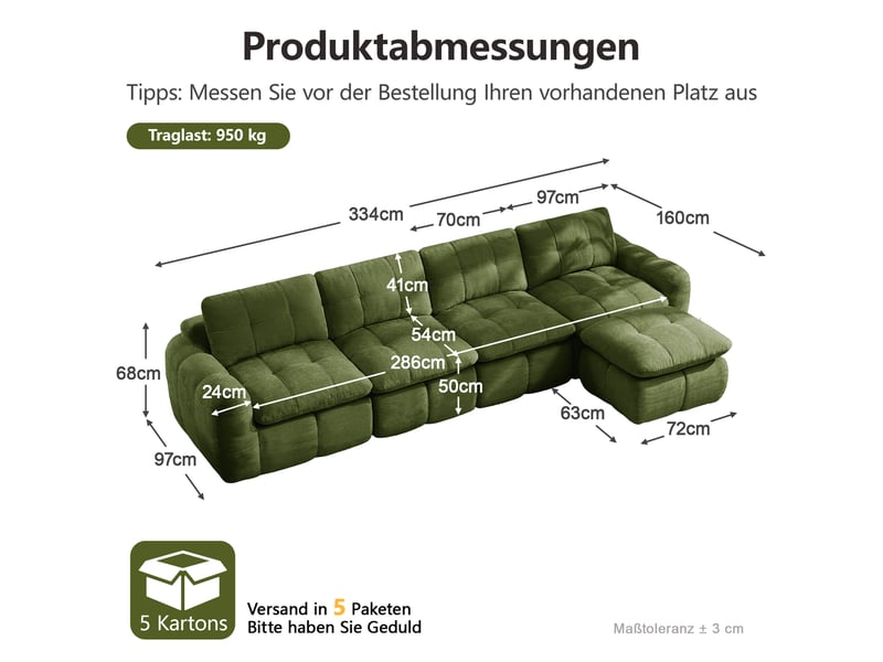 Canapé d'angle en l 4 places sans cadre, canapé modulaire, housse chenille verte, sans montage, 1 pouf pour salon et appartements - Conforama C