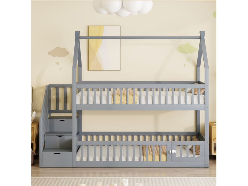  Modenvie lit superpose enfant 90x200 cm - avec escalier de rangement, toit cabane - sans matelas - gris  - Conforama E