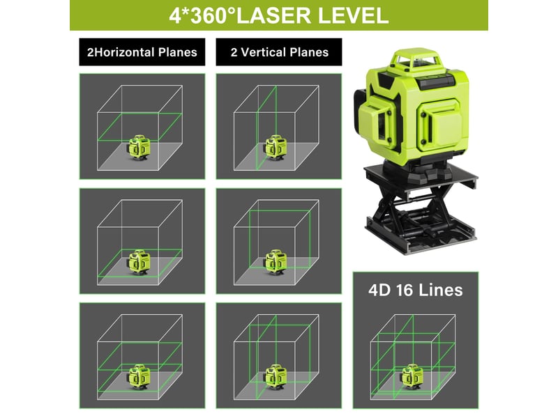 Niveau laser 4 x 360°, avec 16 lignes laser vertes 4d horizontales et verticales, 2 piles 2400 mah, télécommande - Conforama C