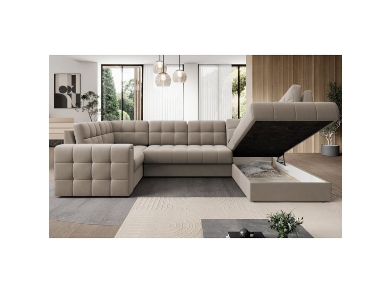 Canapé d'angle convertible monteza beige 299 cm avec coffre et couchage - Conforama D