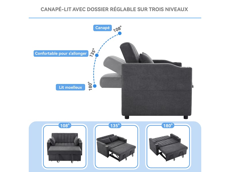  Canapé convertible 2 places 136x162 cm avec dossier réglable 3 positions, porte-gobelets et poches latérales - lin gris  - Conforama E