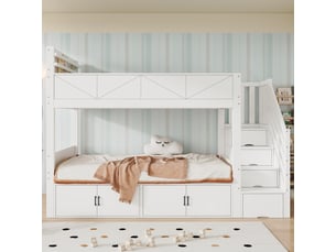 Lit superposé blanc 90×200 cm, escalier de rangement, placards sous couchage, garde-corps et étagère, à assembler
