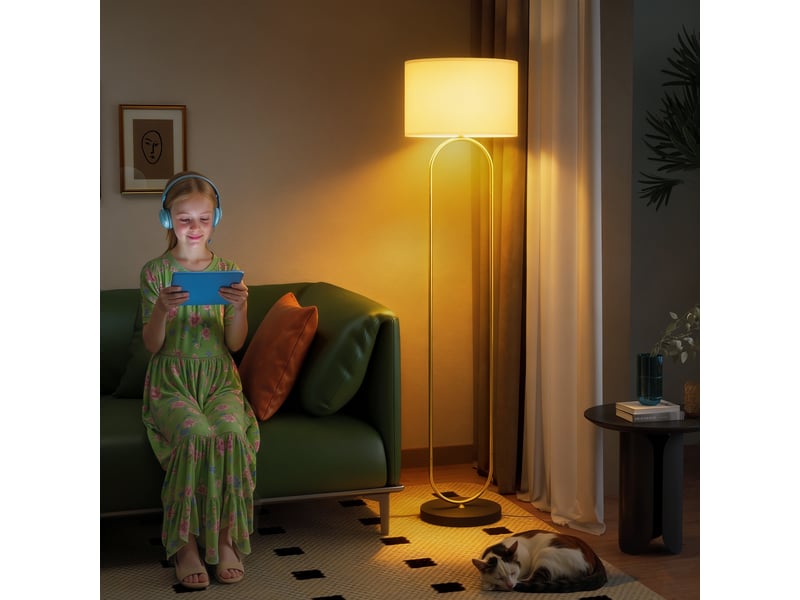  Lampadaire abat-jour en lin douille e27 style moderne interrupteur à pied pour salon et chambre 156 cm doré et noir  - Conforama D