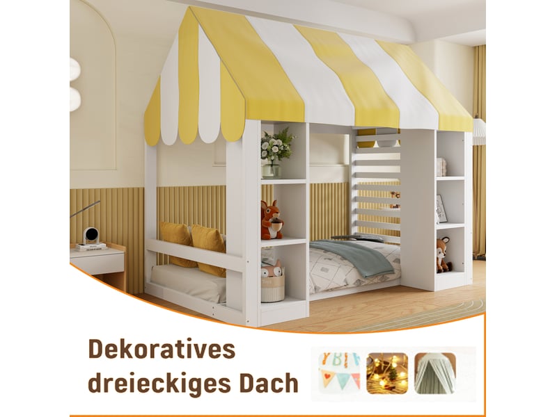  Lit cabane, 90x200 cm, sommier à lattes, toit, solutions de rangement ouverts, matelas non inclus, bois, coloris blanc  - Conforama E