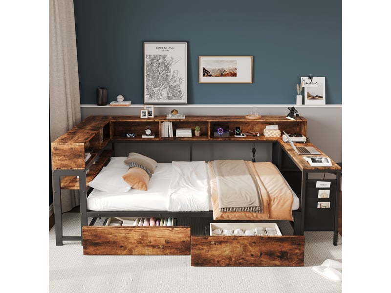  Lit métal 120x200 cm, 2 tiroirs, rangements intégrés, prise usb, table de chevet, noir, sans matelas  - Conforama W