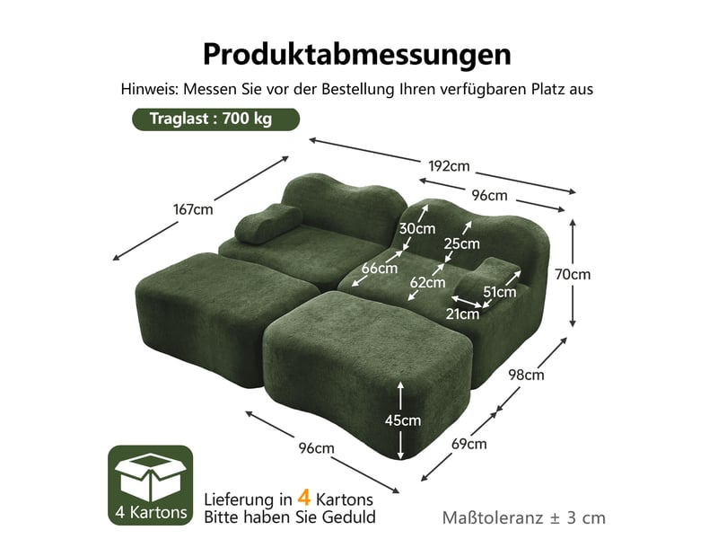  Canapé 2 places avec 2 poufs - 192x167x70 cm - canapé modulable double méridienne velours mousse 32d sans structure 700kg - vert  - Conforama E