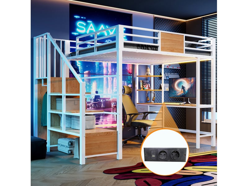  Lit mezzanine enfant 140x200 cm – blanc – bureau, étagères et penderie intégrés, led et prise – sans matelas  - Conforama E