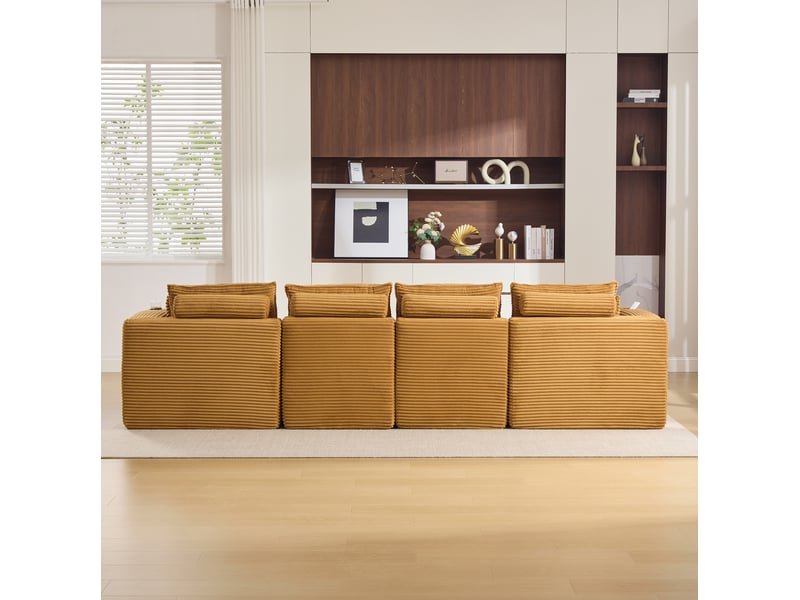 Canapé modulable modenvie 4 places orange en velours côtelé avec 2 repose-pieds, coussins, porte-gobelets et poches latérales 322 x 161 x 75 cm - Conforama E