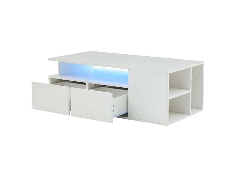  Table basse blanche brillante 100x50x35 cm, table de salon avec led contrôlable par application, 2 tiroirs et 3 étagères  - Conforama A
