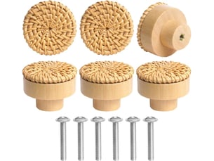6 pcs boutons de meuble en rotin bois, 40 mm poignet de tiroir | poignée meuble, boutons de portes pour placards, pour décoration d'intérieur