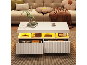 Table basse avec éclairage led 100x50x45 cm 2 tiroirs rayures verticales blanc
