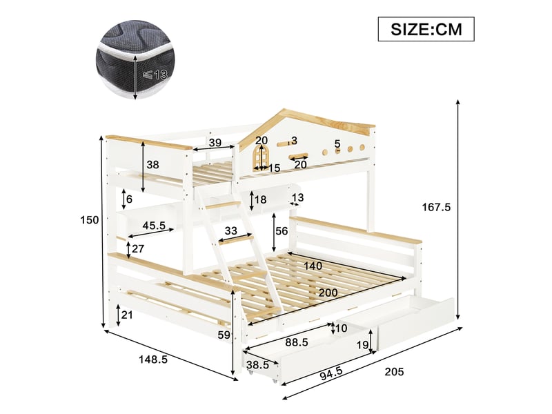 Lit enfant 90+140x200cm, 2 tiroirs, lit superposé avec escalier, étagère rangement et sommiers, bois blanc, sans matelas - Conforama C