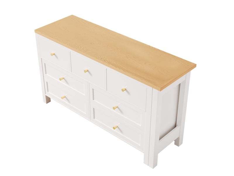 Bureau d'angle pivotant avec commode 7 tiroirs, coiffeuse blanche et chêne, table de travail modulable 360° pour bureau et chambre.  - Conforama W