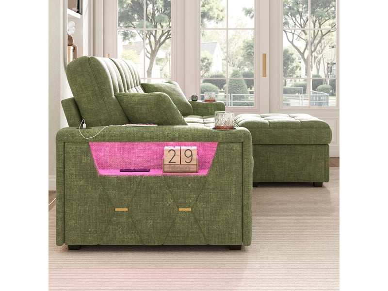 Canapé d'angle fixe 3 places en chenille verte 194,5 x 133 x 83 cm, led, usb-c, rangements, salon séjour 194.5x133x83cm - Conforama D