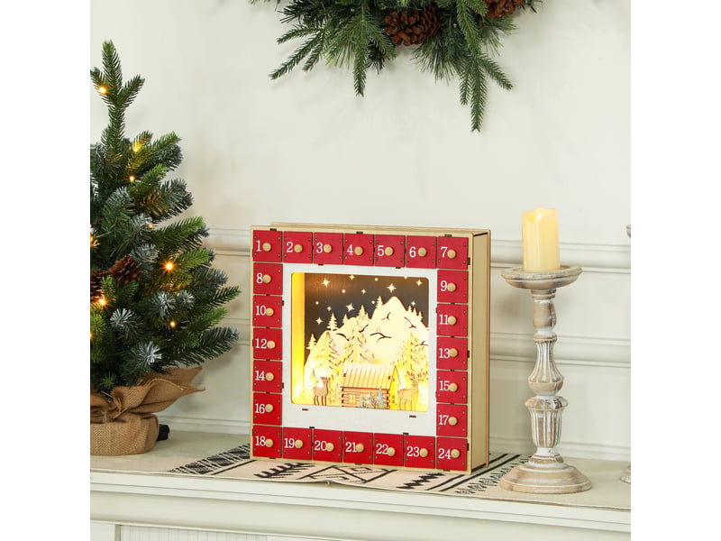  Calendrier de l'avent led, décorations de noël en bois, 24 tiroirs à remplir, décoration lumineuse, rouge  - Conforama D