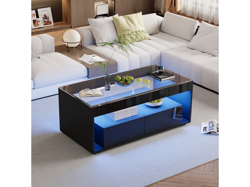  Table basse led noire, table de salon avec 2 tiroirs et double niveau, 100x50x40 cm, verre trempé, noir  - Conforama W