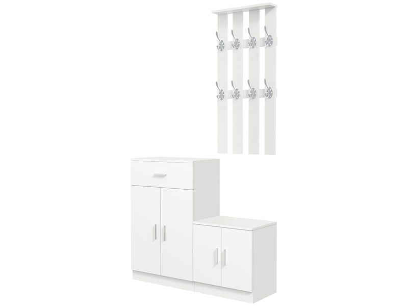  Étagère à chaussures avec porte-manteau intégré pour entrée et chambre, en bois blanc, 100 x 32 x 187 cm  - Conforama B
