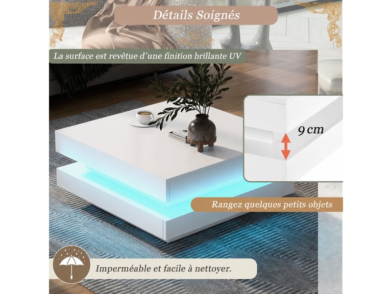  Table basse led blanche brillante 70x70x36 cm, table de salon carrée moderne, éclairage bluetooth multicolore usb  - Conforama E