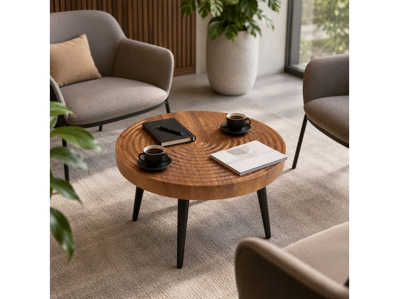  Table basse ronde brun en 3d surface texturée avec pieds en métal pour petit espace  - Conforama C