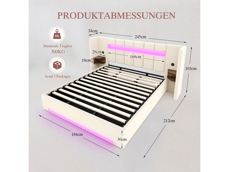  Lit coffre 180x200 cm, lit double, rangement hydraulique, armoire, led, velours beige, port usb  - Conforama A