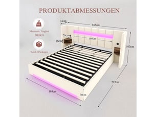 Lit coffre 180x200 cm, lit double, rangement hydraulique, armoire, led, velours beige, port usb