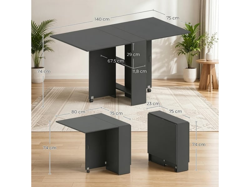 Table extensible avec plateau rabattable, rangement central et roulettes de frein pour salle à manger et cuisine - Conforama D