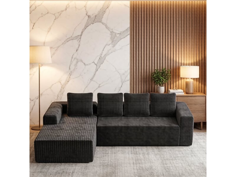  Canapé d’angle modulable 261 x 168 cm avec méridienne droite, assise profonde, velours côtelé, sans montage, gris  - Conforama B