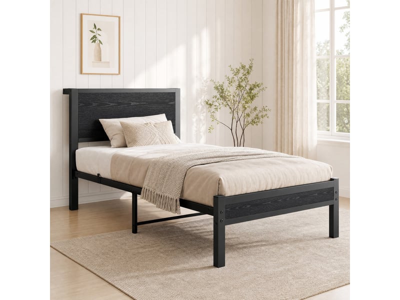  Lit simple 90 × 200 cm avec tête de lit et rangement sous le lit, sans matelas, en mdf et métal noir  - Conforama C