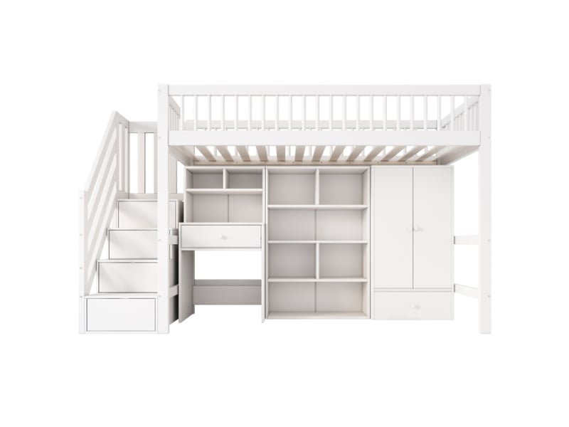  Lit enfant 90×200cm, multifonction, bureau + escalier + armoire, bois massifmdf, blanc  - Conforama A