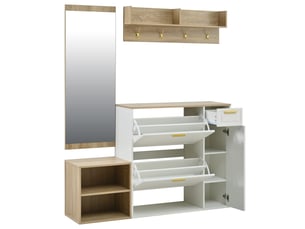 Ensemble vestiaire d'entrée 4 pièces meuble chaussures banc miroir blanc et naturel