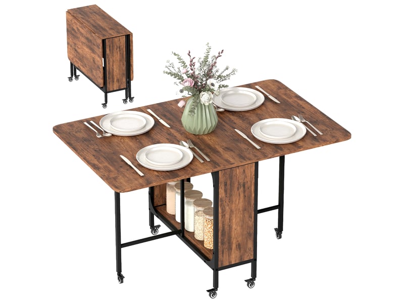  Table pliante de cuisine extensible salle à manger sur roulettes jusqu'à 6 personnes étagère intégrée, 6 roues, marron  - Conforama A