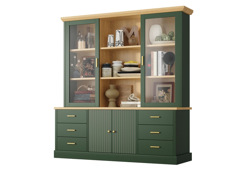  Buffet haut 140x40x185cm avec 6 grands tiroirs, portes vitrées et dispositif anti-basculement, meuble de rangement pour cuisine et salle à manger, vert evarich - Conforama A