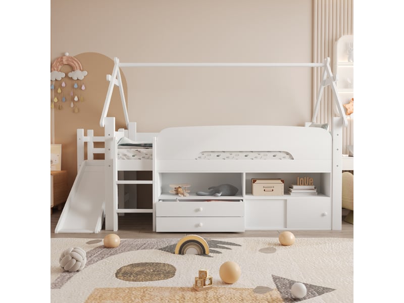 Lit mezzanine cabane 90x200 cm avec toboggan, lit enfant avec rangements, sommier à lattes, bois blanc, sans matelas - Conforama W