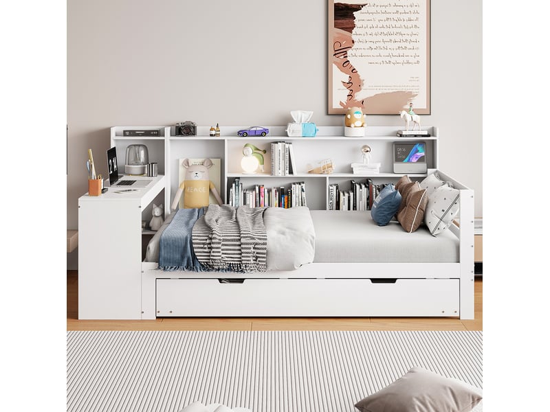  Lit multifonction 90 x 200 cm avec lit gigogne, bureau, étagères et prise, blanc  - Conforama D