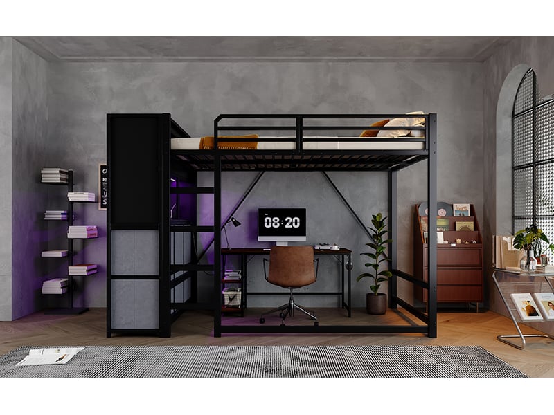 Lit mezzanine,120x200 cm,avec échelle tiroirs,led,charge,métal bois,noir et gris - Conforama B