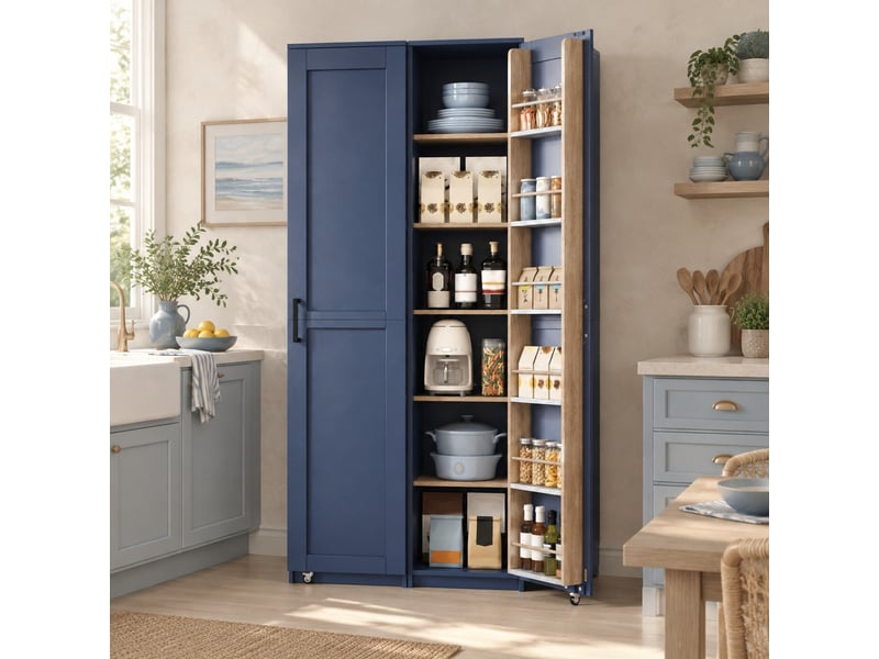  Colonne de cuisine avec étagères réglables et rangements de porte pour cuisine, en mdf, 40×40×183 cm, bleu  - Conforama B