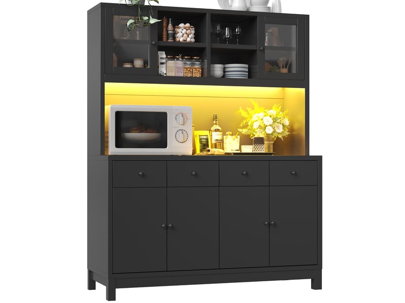 Buffet haut de cuisine avec 6 portes, 4 tiroirs, étagères réglables et éclairage rvb, noir 140 × 38,5 × 180 cm - Conforama A