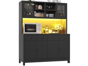 Buffet haut de cuisine avec 6 portes, 4 tiroirs, étagères réglables et éclairage rvb, noir 140 × 38,5 × 180 cm
