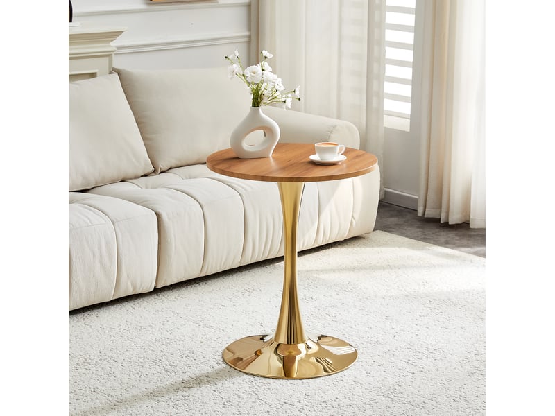 Table ronde 60 cm en mdf effet bois, pied central métal doré, hauteur 72 cm - Conforama E