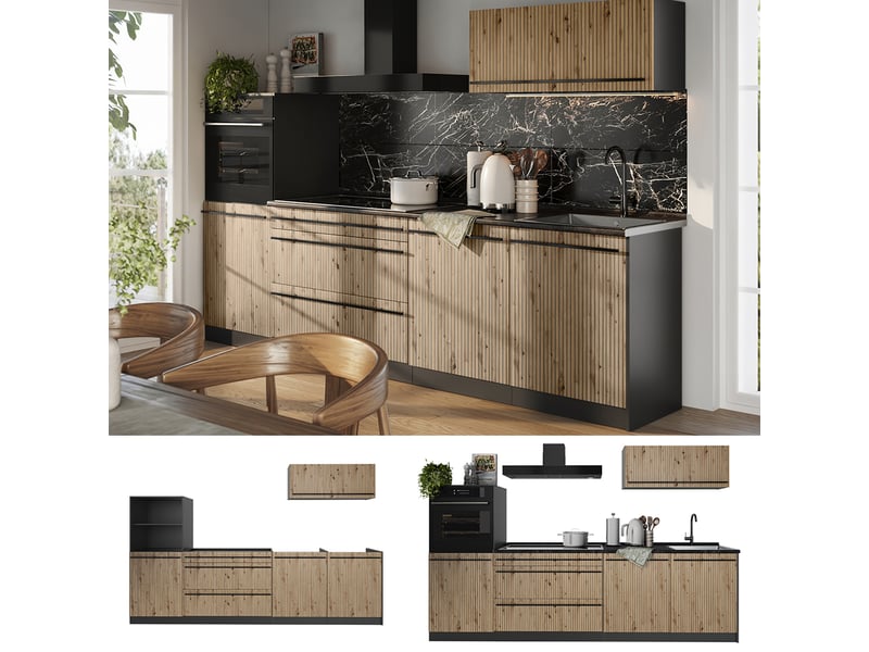 Vicco cuisine, chêne artisananthracite, 280cm plan de travail anthracite - Conforama D