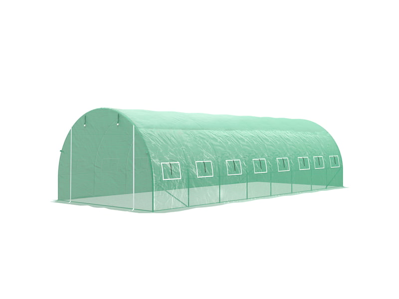 Serre de jardin tunnel 24m² 8l x 3l x 2h m - 16 fenêtres, porte zippée enroulable acier galvanisé, bâche pe, vert  - Conforama B